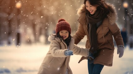 Asian mom skate with child on ice rink in city