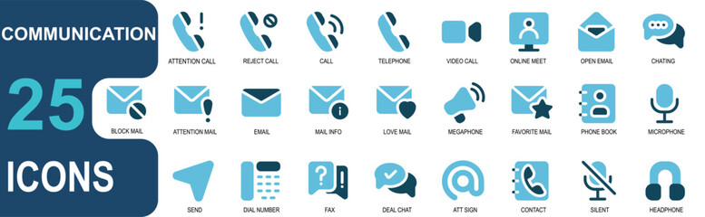 25 communication icons.duo tone style.contains mic,audio,message,send,phone,phone number,faq,share,deal,at sign,sign,email,phone,conversation.vector illustration.stroke can be edited. - obrazy, fototapety, plakaty