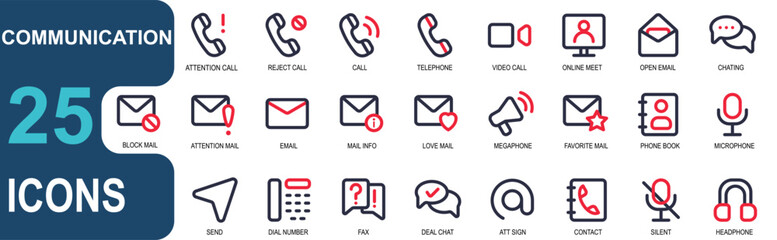 communication icon set, 2 color ouline style. contains info, alerts, phone book, silent, headphones, customer service, email address. vector illustration set. editable stroke.
