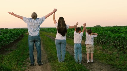Naklejka na ściany i meble Cheerful family with children raises up hands standing in field on summer vocation. Happy parents and children enjoy being together in nature park at twilight. Children with parents raise hands