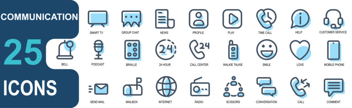communication icon set. filled line style, lineal color, contains web, smile, happy, frequency, mic, letter, person, help, ask, telephone,information, headphones. vector illustration.stroke can be edi