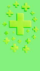 Group of addition signs floating on green stage, symbols of health, mathematics and wellness theme