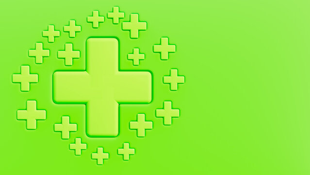Horizontal image of green plus signs in isolated setting, increase and health theme