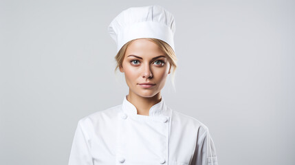 Portrait of female chef on white background.