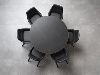 Top view of an empty black round table and chair.