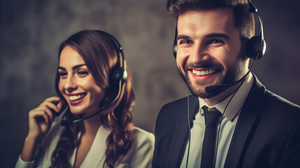 Young male and female telemarketer or call center agent with headset working on support hotline in modern office. - obrazy, fototapety, plakaty