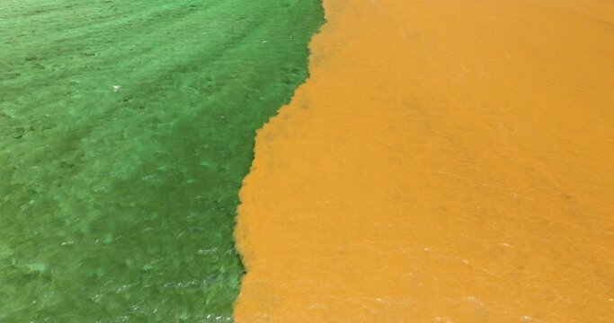 Aerial drone footage over Mauritius capturing the halocline phenomenon, where the golden freshwater of the river meets the emerald waters of the Indian Ocean, creating a mesmerizing natural color boun