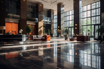 Opulent Modern Hotel Lobby with Chic Decor and Ambient Lighting