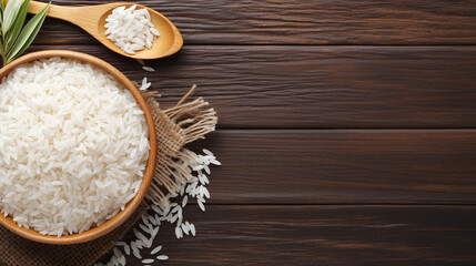 White rice in a bowl on a wooden table.