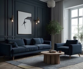 Functional comfort: Scandinavian apartment featuring a dark blue sofa and recliner