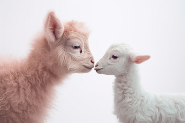 Obraz premium pink baby llama nuzzling a white baby goat on a soft white background.
