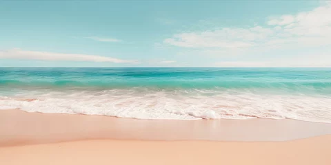 Fotobehang A pristine beach with turquoise waters, foamy waves, and a soft sandy shore under a blue sky with fluffy clouds. © Enigma