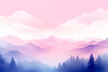 Foto auf Alu-Dibond Hell-pink Pastel morning mountain sunrise with clouds and pine trees in pink, purple, blue, white  soft, abstract, atmospheric, dreamlike, environment watercolor painting landscape illustration 