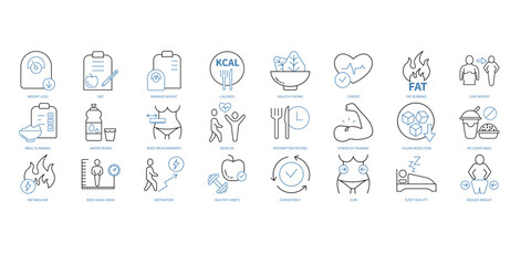 Weight loss icons set. Set of editable stroke icons.Vector set of Weight loss