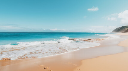 A deserted beach with soft golden sands, azure blue waters, foamy waves, and a clear sky with distant cliffs.