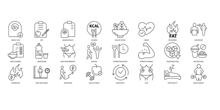 Weight loss icons set. Set of editable stroke icons.Vector set of Weight loss