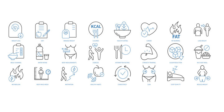 Weight loss icons set. Set of editable stroke icons.Vector set of Weight loss