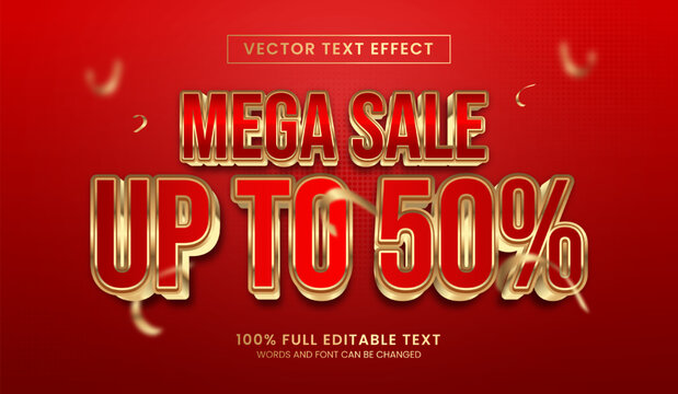 Design editable text effect, Discount Up To 50 percent 3d gold vector illustration