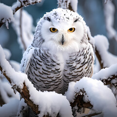 A snowy owl perched on a branch, camouflaged against a snowy background