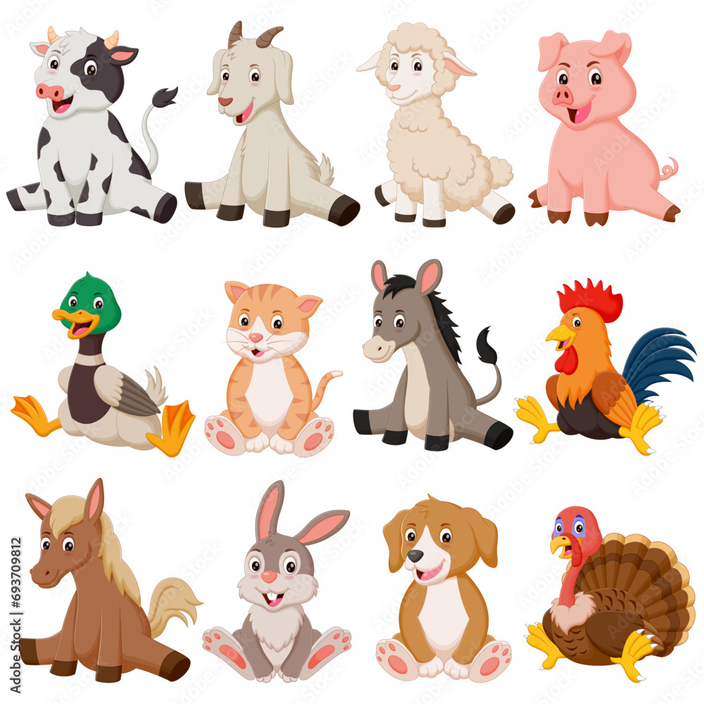 Wall mural set of cute farm animals sitting. vector illustration