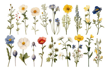 Collection of set wildflowers depicted in grunge oil paint isolated on transparent background. PNG file, cut out