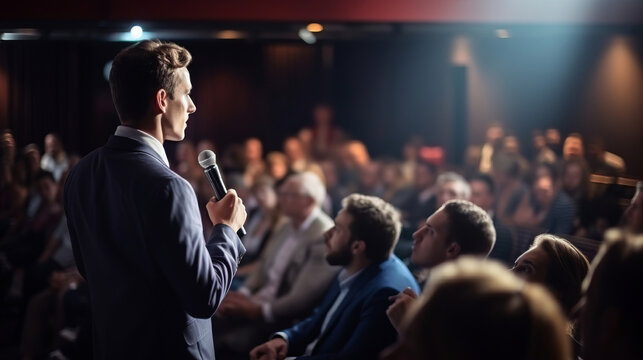 senior businessman speak in microphone on big conference