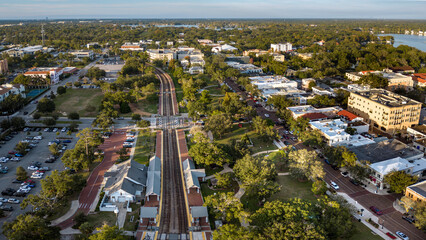 Aerial view of downtown Winter Park, Florida. Train Station. November 29, 2023.