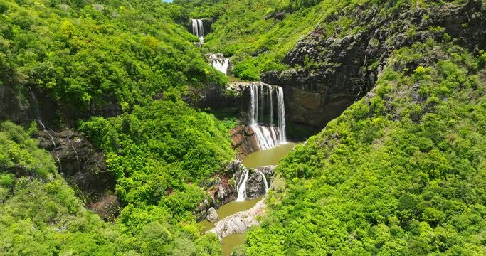 Tamarind seven waterfalls aerial view in Mauritius island