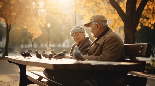 Grandparents Day. An elderly couple in the park on a bench feed pigeons. AI generated.
