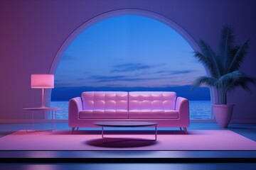 Indoor Escape: Retro 1980s Style, Comfy Sofa, and Atmospheric Lighting. Generative AI
