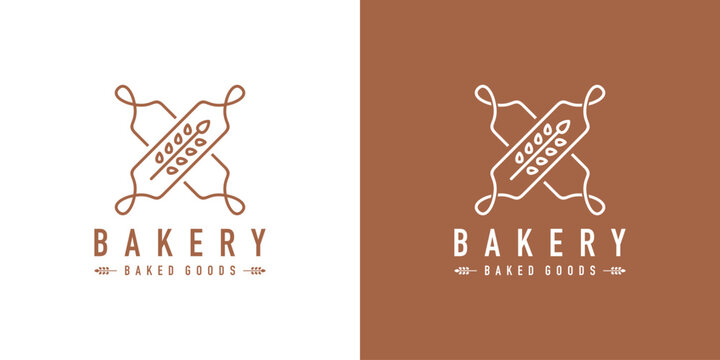 Creative Rolling Pin, Wheat, Bakery Logo Designs with Lineart Outline Style. Icon Symbol Logo Design Template.
