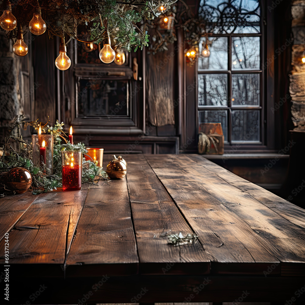 Wall mural wooden table with christmas lights holly and holiday with copy space