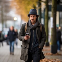 chico con sobrero pasea por la calle mientras consulta su móvil