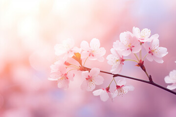 Cherry blossoms on a pink blurred background, close-up, space for text