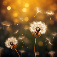 Dandelion flowers with seeds on a blurred background