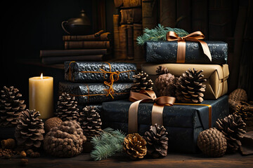 Fototapeta na wymiar christmas gift wrappers ribbon pine cones and more still life with candles