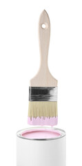 Brush with pink paint over can isolated on white