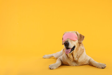 Cute Labrador Retriever with sleep mask resting on yellow background, space for text