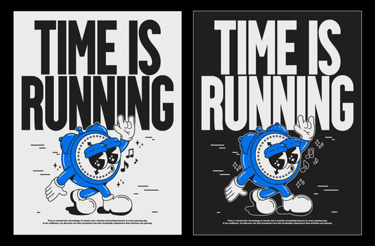 Cartoon typography groovy poster 70s . Cute retro walking clock characters, Hippie style. With text "Time is running". Vintage prints