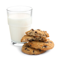 Delicious chocolate chip cookies and glass of milk isolated on white
