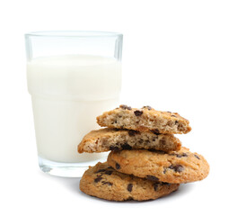 Delicious chocolate chip cookies and glass of milk isolated on white