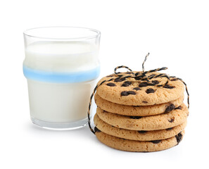 Stack of delicious chocolate chip cookies and glass of milk isolated on white