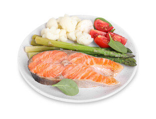 Healthy meal. Plate with grilled salmon steak and vegetables isolated on white