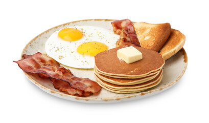 Tasty pancakes with fried eggs and bacon isolated on white