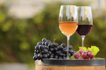 Delicious wines and ripe grapes on wooden barrel outdoors, space for text
