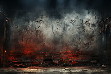 Dark empty room with brick wall and burning fire. 3d rendering