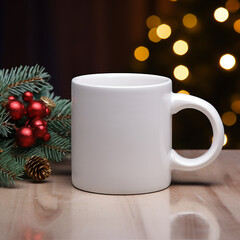 Obraz na płótnie Canvas white cup mockup on wooden table on blurred Christmas background .Close-up of a ceramic cup for advertising and design for New Year and Christmas.