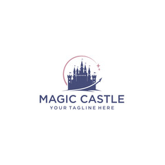 Silhouette of a magic castle standing on a hill. Cartoon vector illustration, travel, tourism, fantasy design clothing. stars and airplanes. Excursion tour for children in amusement parks.