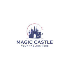Fototapeta premium Silhouette of a magic castle standing on a hill. Cartoon vector illustration, travel, tourism, fantasy design clothing. stars and airplanes. Excursion tour for children in amusement parks.