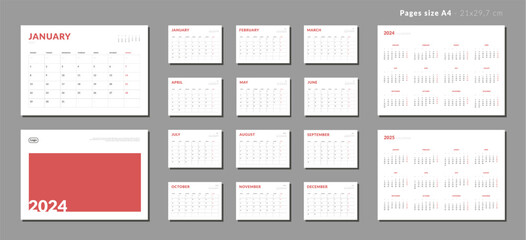 Set of Monthly page Calendar Planner Template 2024, cover with Place for Photo and Company Logo and annual calendar of 2025. Isolated Vector layout of a wall or desk calendar with week start Monday